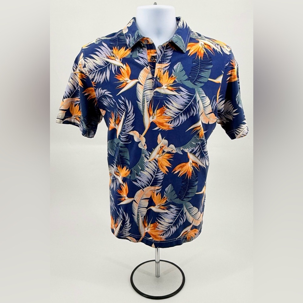 Tommy Bahama Polo Shirt Blue Island Print Short Sleeve‎ 100% Cotton Men's Medium